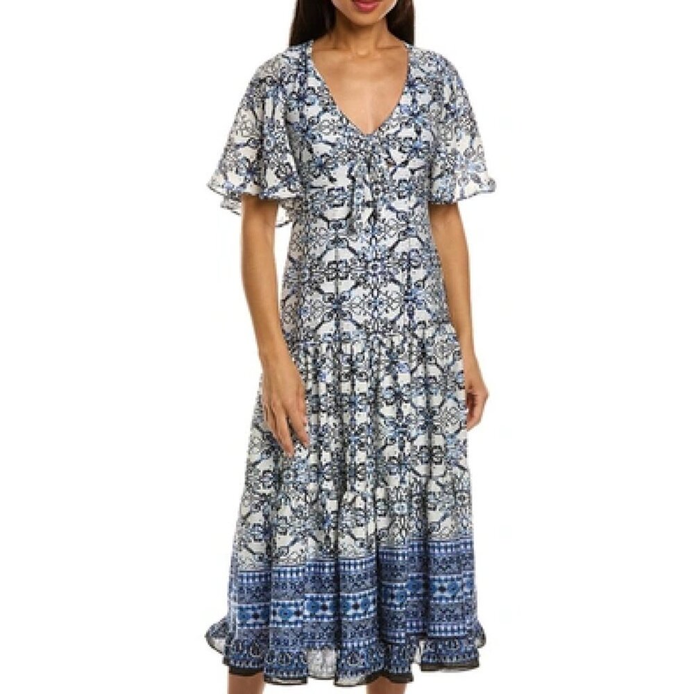 Taylor Blue & White Midi Dress | Flutter Sleeve | Coastal Chic | Size 2